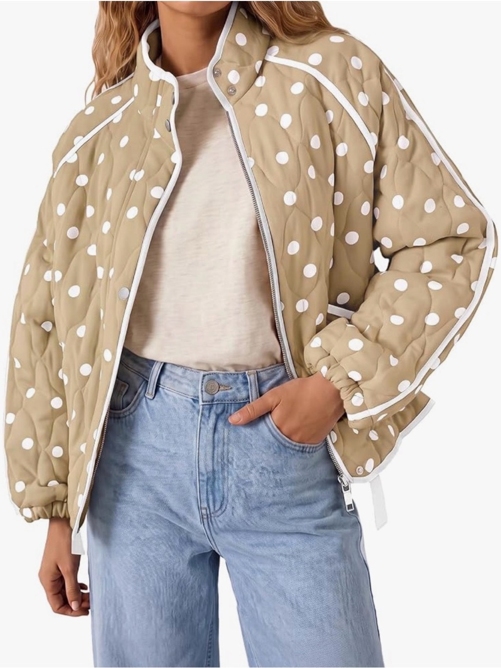 Polka Dot Quilted Puffer Jacket in Tan with White Trim